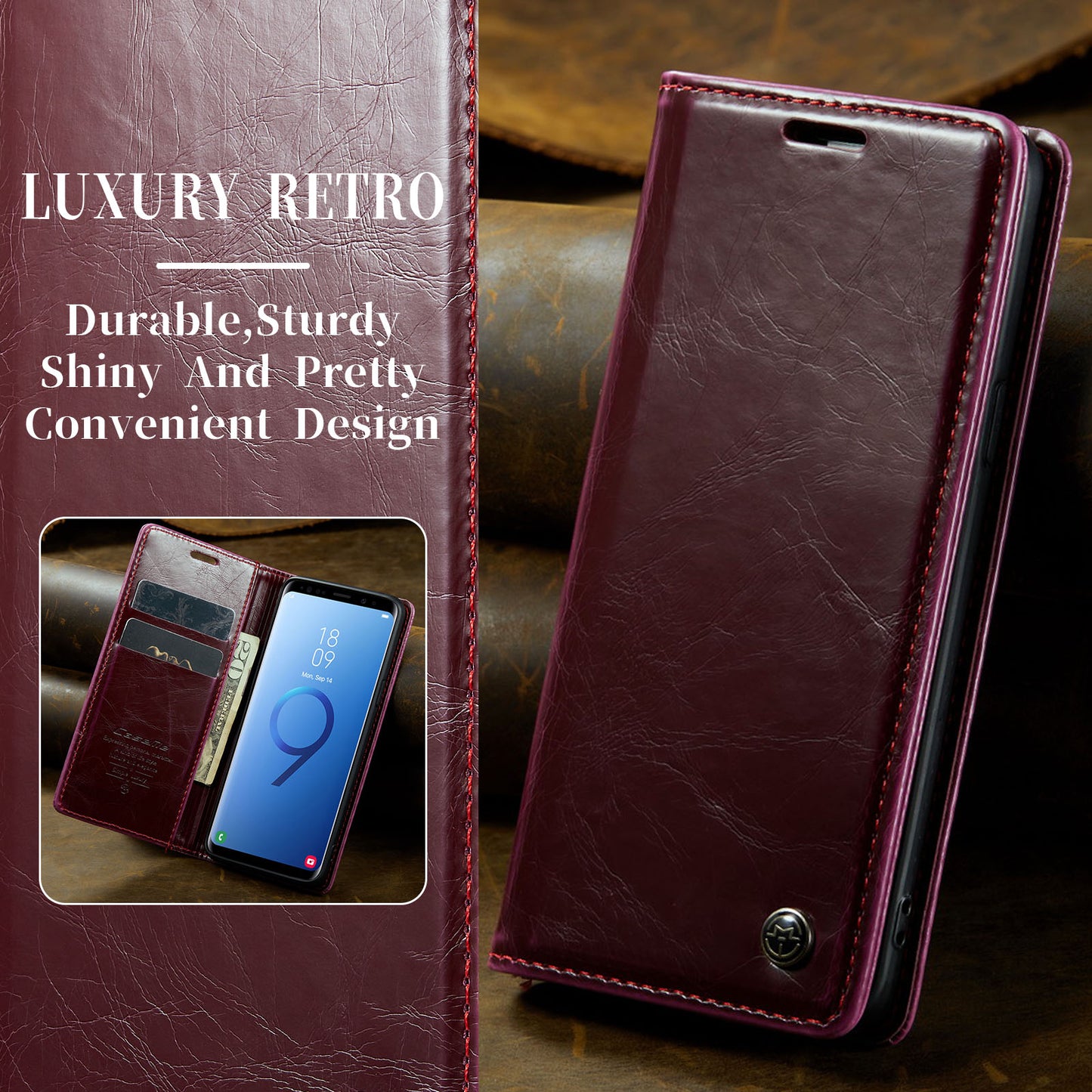 Luxury Retro Leather Samsung Galaxy S9+ Case Sturdy Shiny Flip Stand