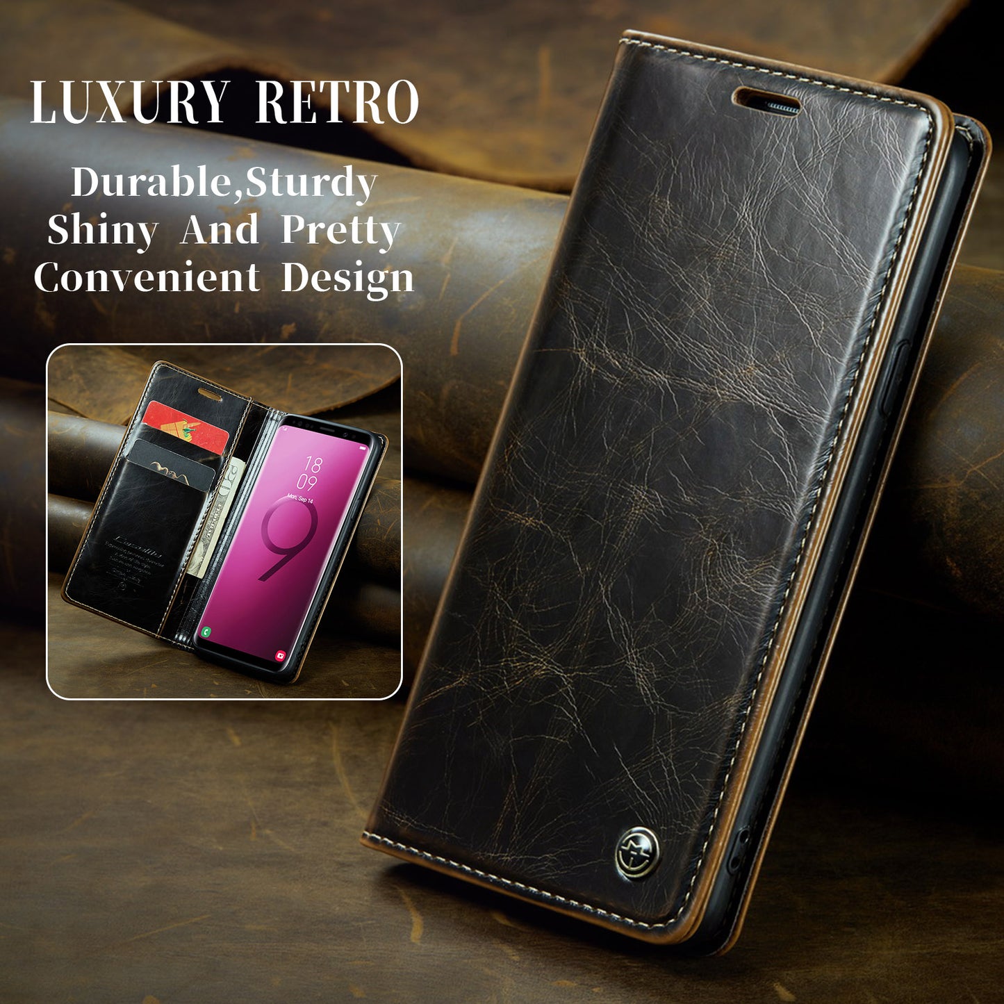 Luxury Retro Leather Samsung Galaxy S9 Case Sturdy Shiny Flip Stand