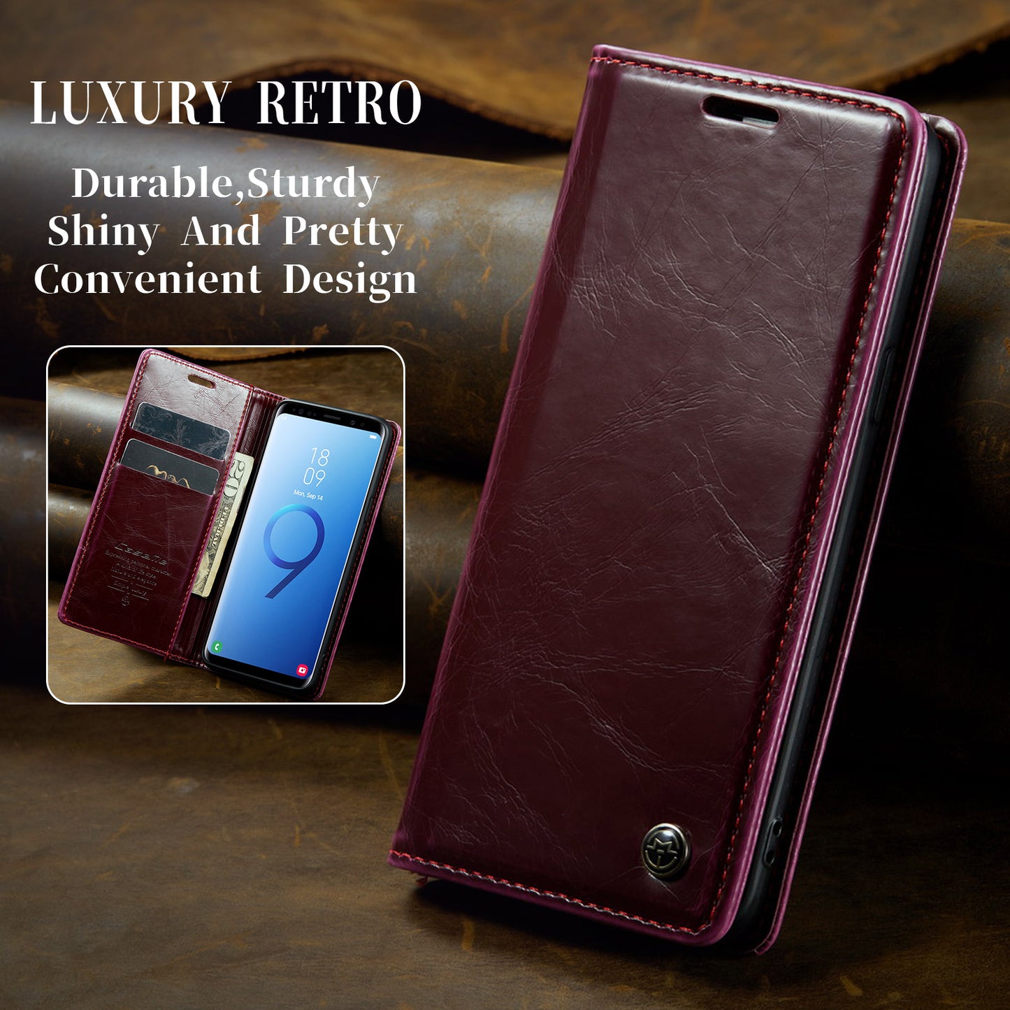 Luxury Retro Leather Samsung Galaxy S9+ Case Sturdy Shiny Flip Stand