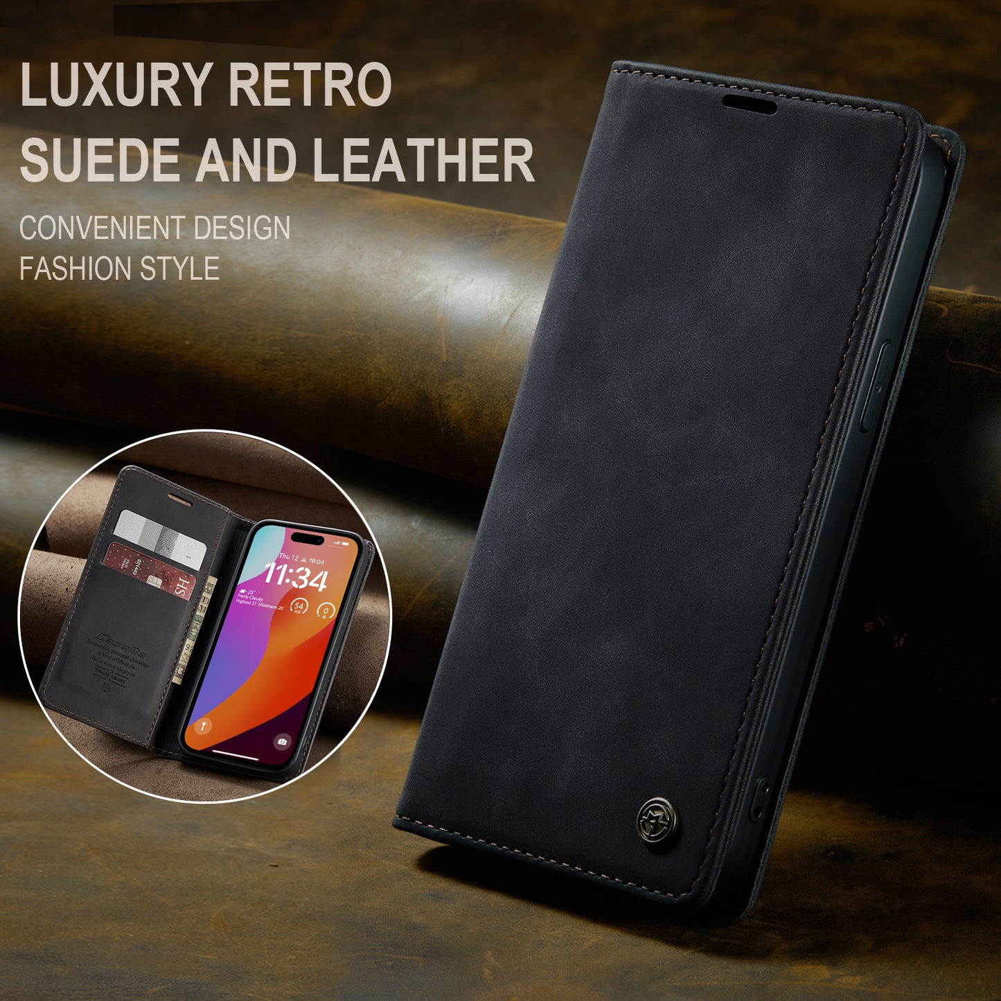 Book Classical Retro Leather iPhone 16 Pro Case Slim Wallet Stand