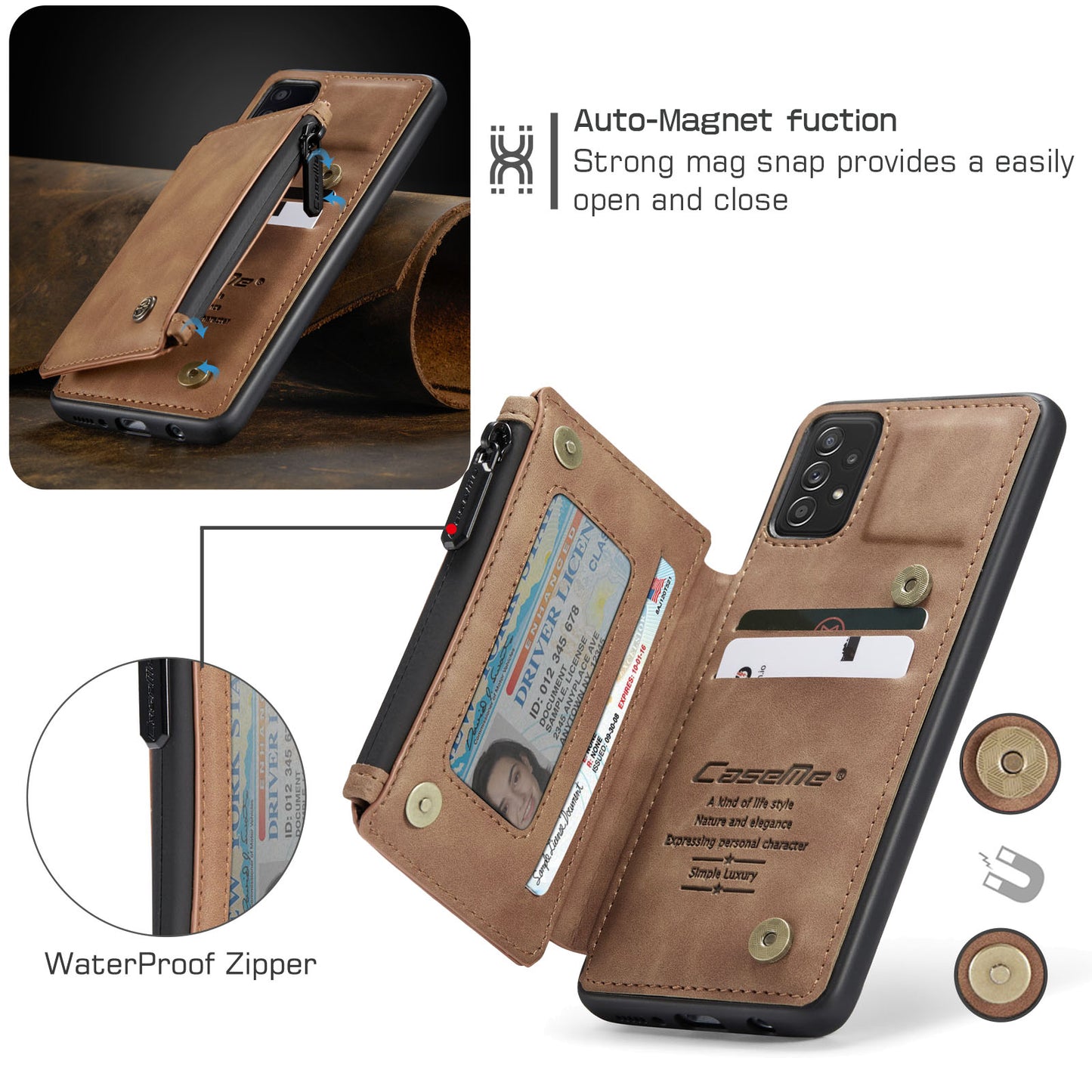 Wrist Strap Leather Card Holder Zipper Samsung Galaxy A52 Case Back