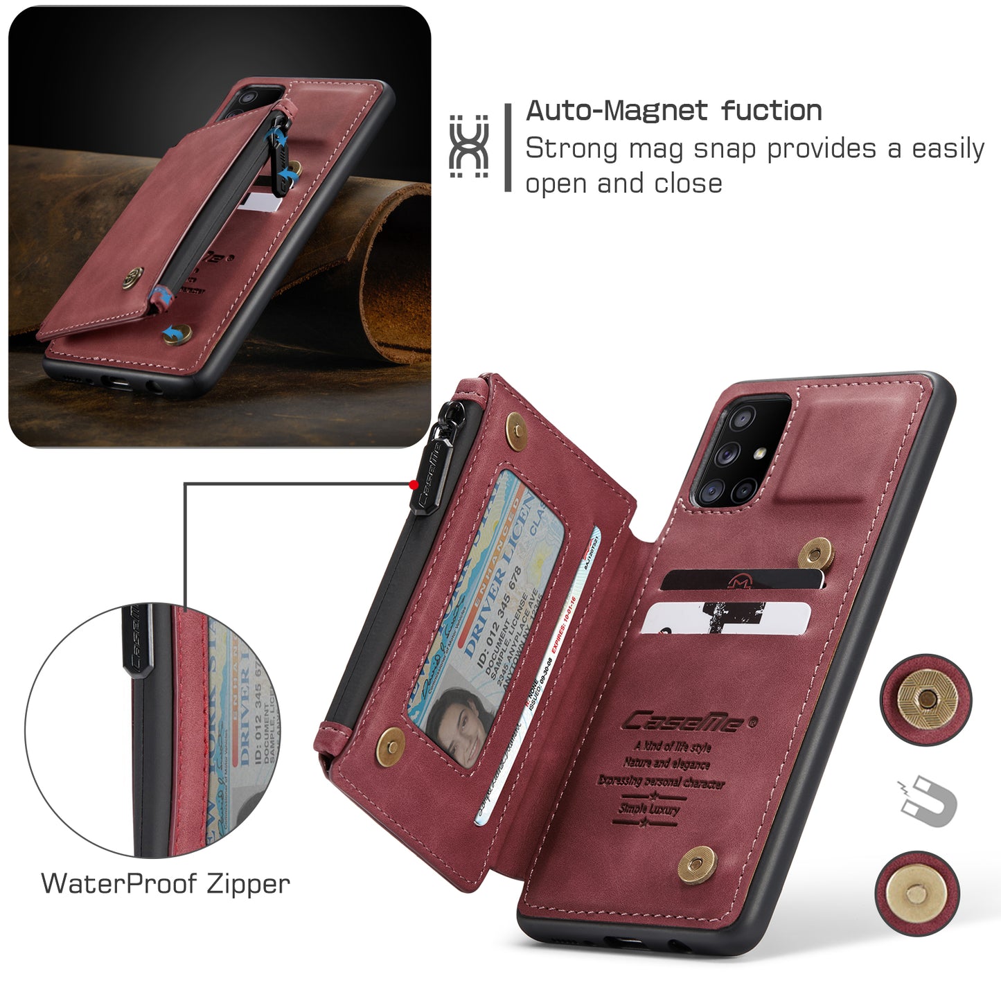 Wrist Strap Leather Card Holder Zipper Samsung Galaxy A71 Case Back