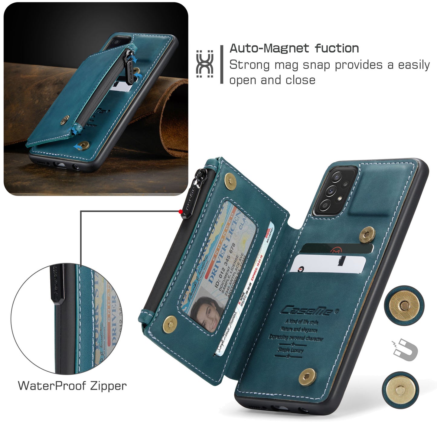 Wrist Strap Leather Card Holder Zipper Samsung Galaxy A72 Case Back