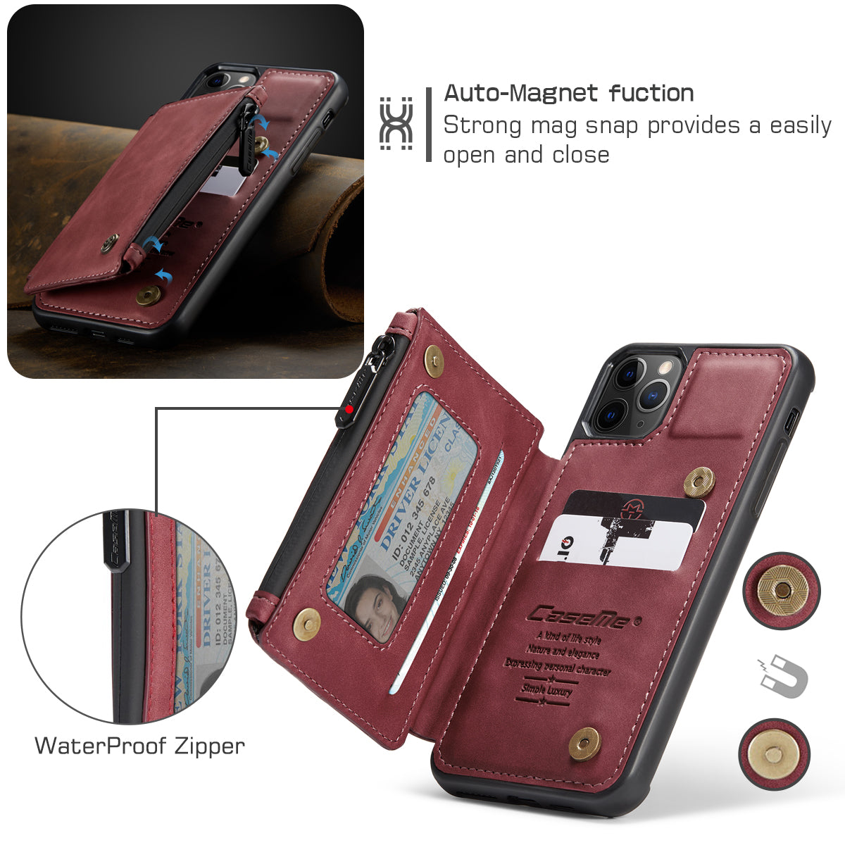 Wrist Strap Leather Card Holder Zipper iPhone 11 Pro Max Case Back