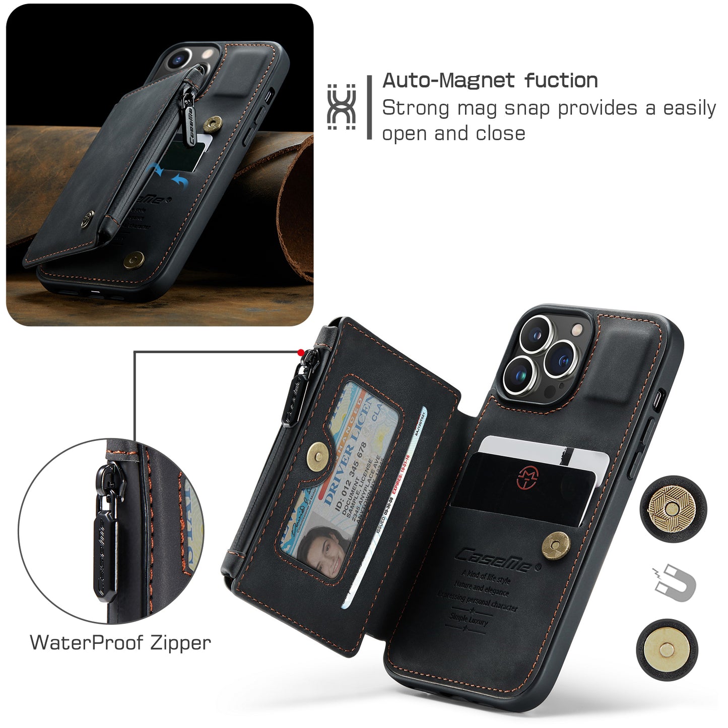 Wrist Strap Leather Card Holder Zipper Apple iPhone 13 Pro Case Back