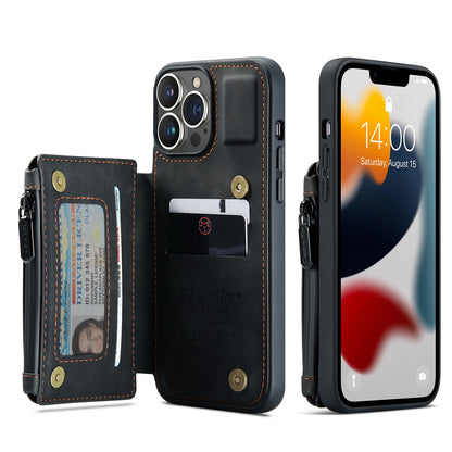 Wrist Strap Leather Card Holder Zipper iPhone 13 Pro Max Case Back