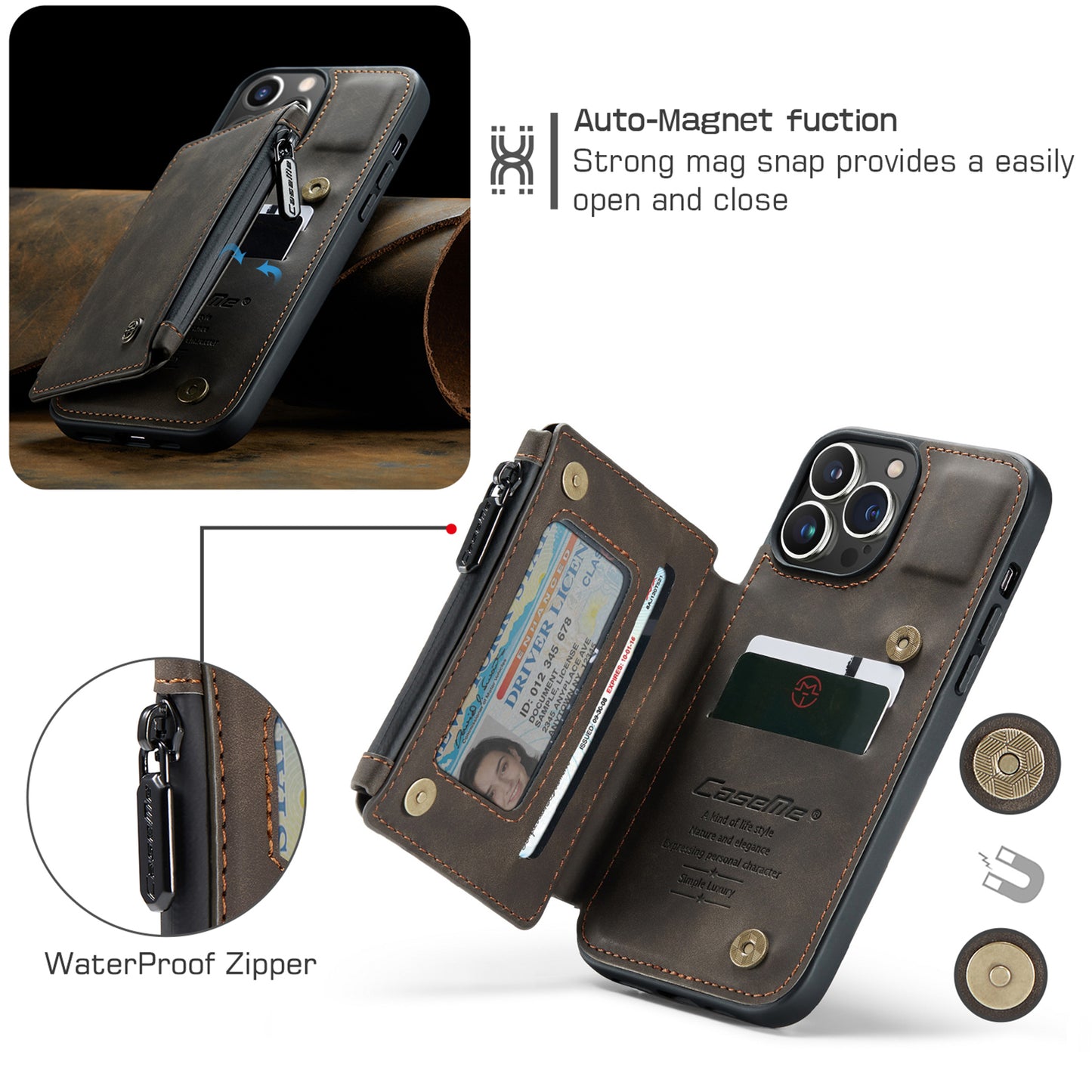 Wrist Strap Leather Card Holder Zipper iPhone 13 Pro Max Case Back