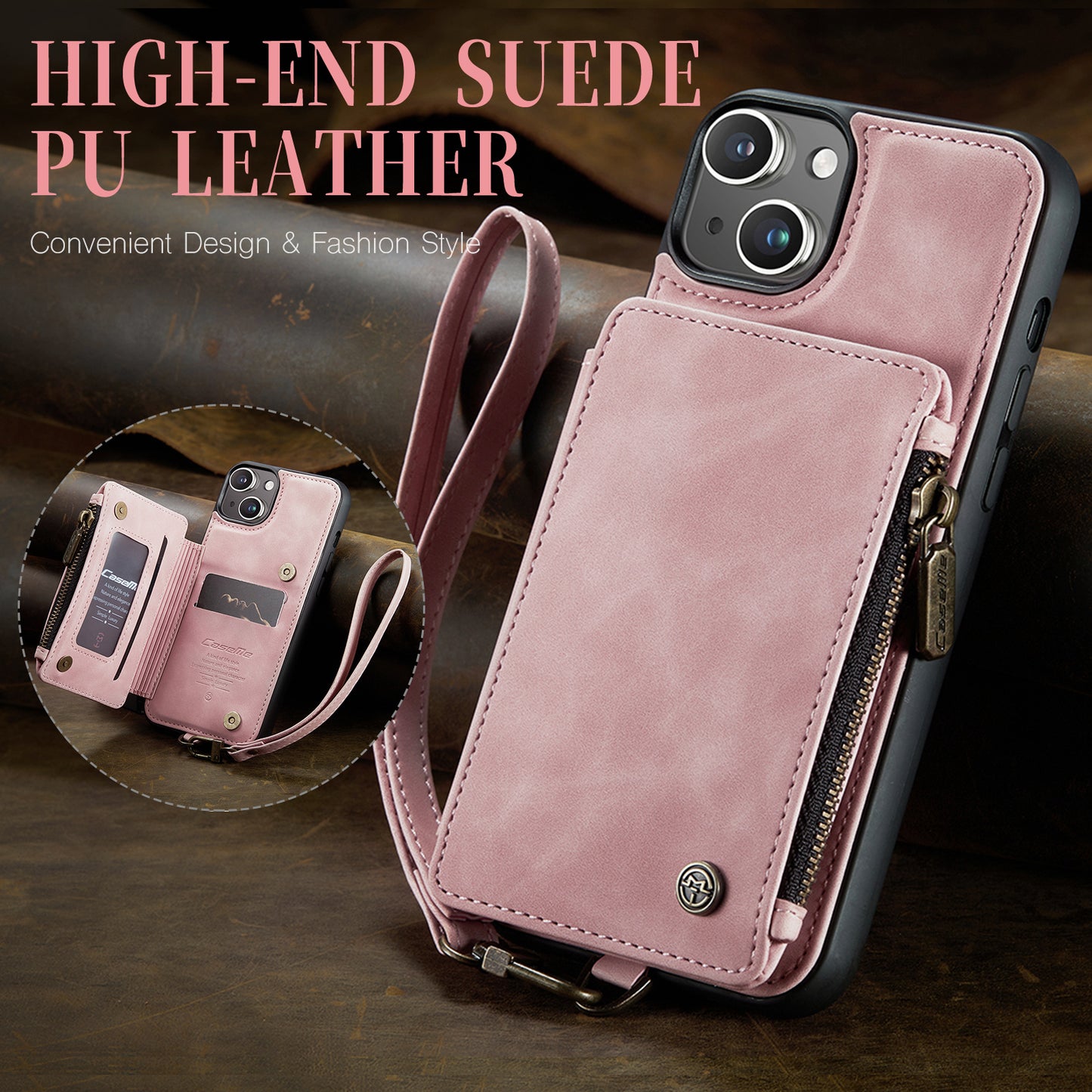 Wrist Strap Leather Card Holder Zipper Apple iPhone 14 Case Back