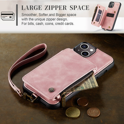 Wrist Strap Leather Card Holder Zipper Apple iPhone 14 Case Back