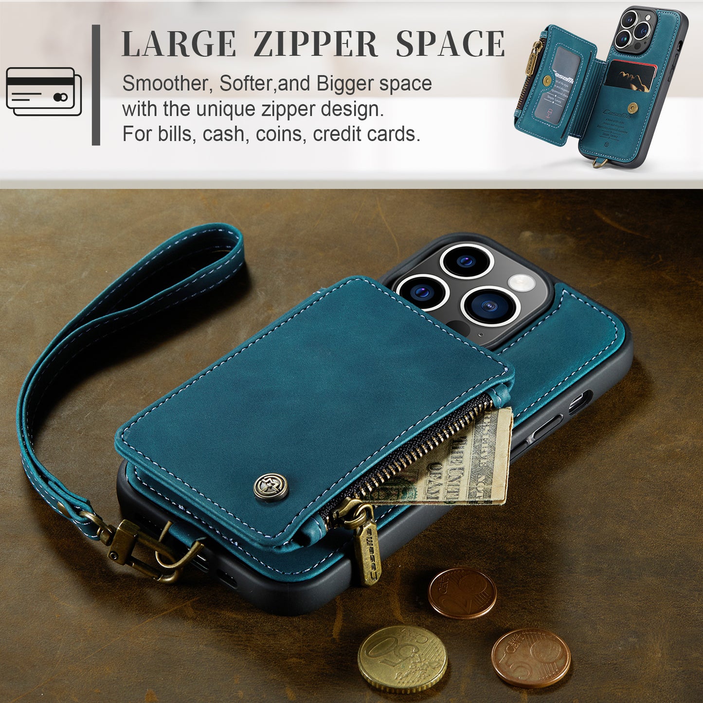 Wrist Strap Leather Card Holder Zipper Apple iPhone 14 Pro Case Back