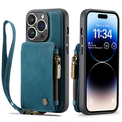 Wrist Strap Leather Card Holder Zipper Apple iPhone 14 Pro Case Back