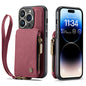 Wrist Strap Leather Card Holder Zipper Apple iPhone 14 Pro Case Back