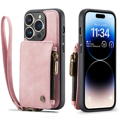 Wrist Strap Leather Card Holder Zipper Apple iPhone 14 Pro Case Back