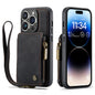 Wrist Strap Leather Card Holder Zipper Apple iPhone 14 Pro Case Back