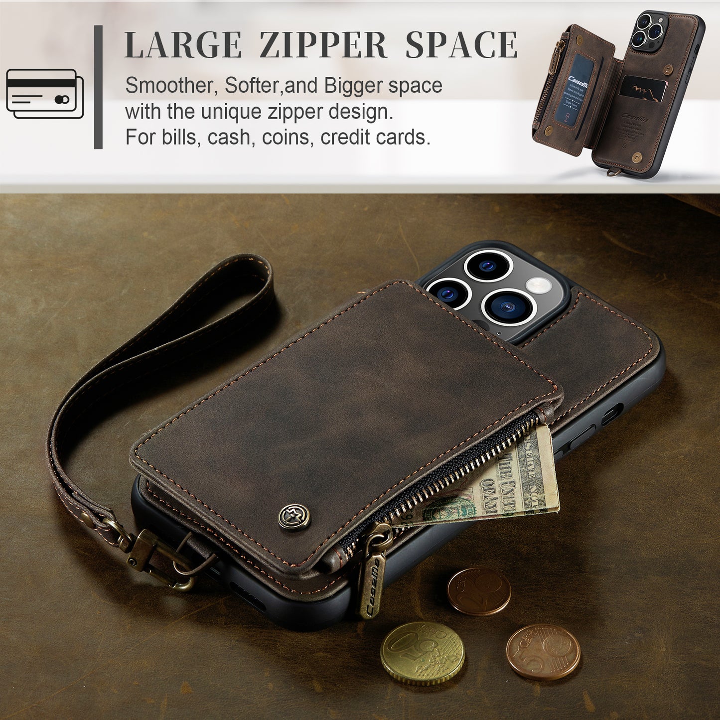 Wrist Strap Leather Card Holder Zipper iPhone 14 Pro Max Case Back