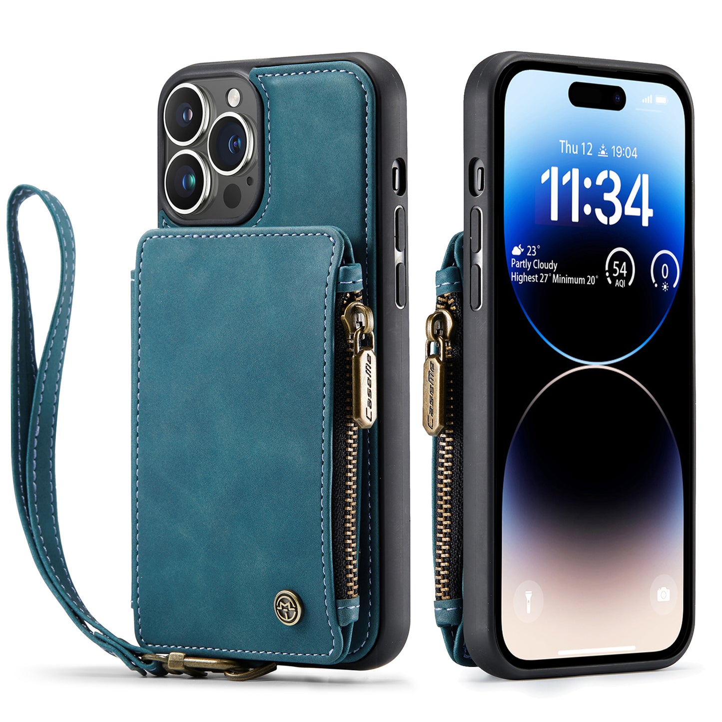 Wrist Strap Leather Card Holder Zipper iPhone 14 Pro Max Case Back