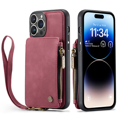 Wrist Strap Leather Card Holder Zipper iPhone 14 Pro Max Case Back