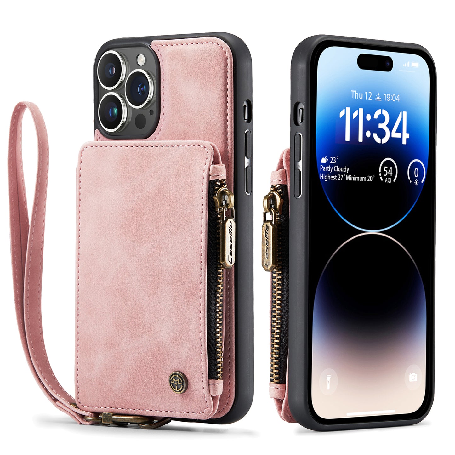 Wrist Strap Leather Card Holder Zipper iPhone 14 Pro Max Case Back