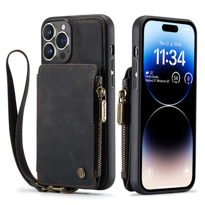 Wrist Strap Leather Card Holder Zipper iPhone 14 Pro Max Case Back