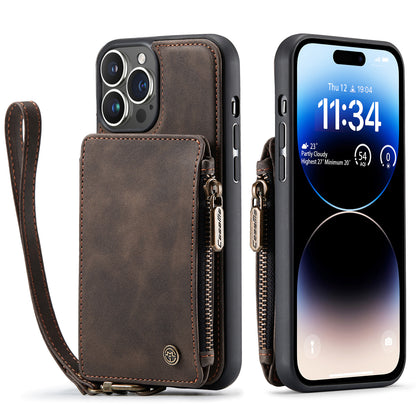 Wrist Strap Leather Card Holder Zipper iPhone 14 Pro Max Case Back