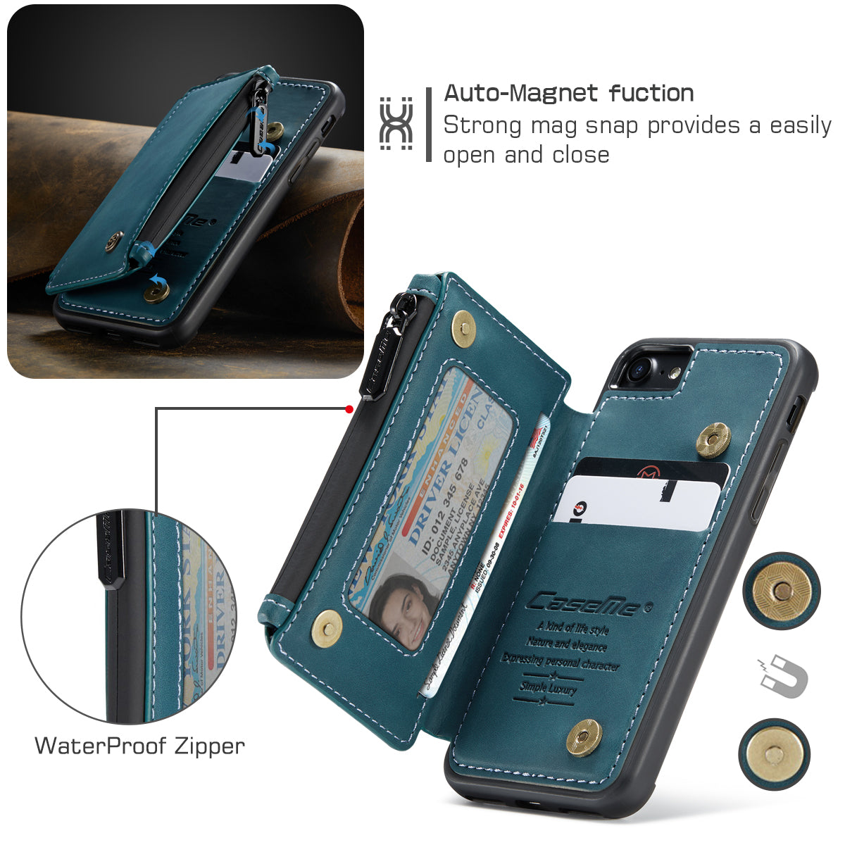 Wrist Strap Leather Card Holder Zipper iPhone SE (2022) Case Back