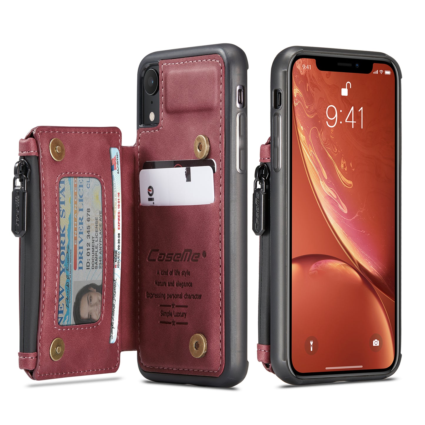 Wrist Strap Leather Card Holder Zipper Apple iPhone XR Case Back