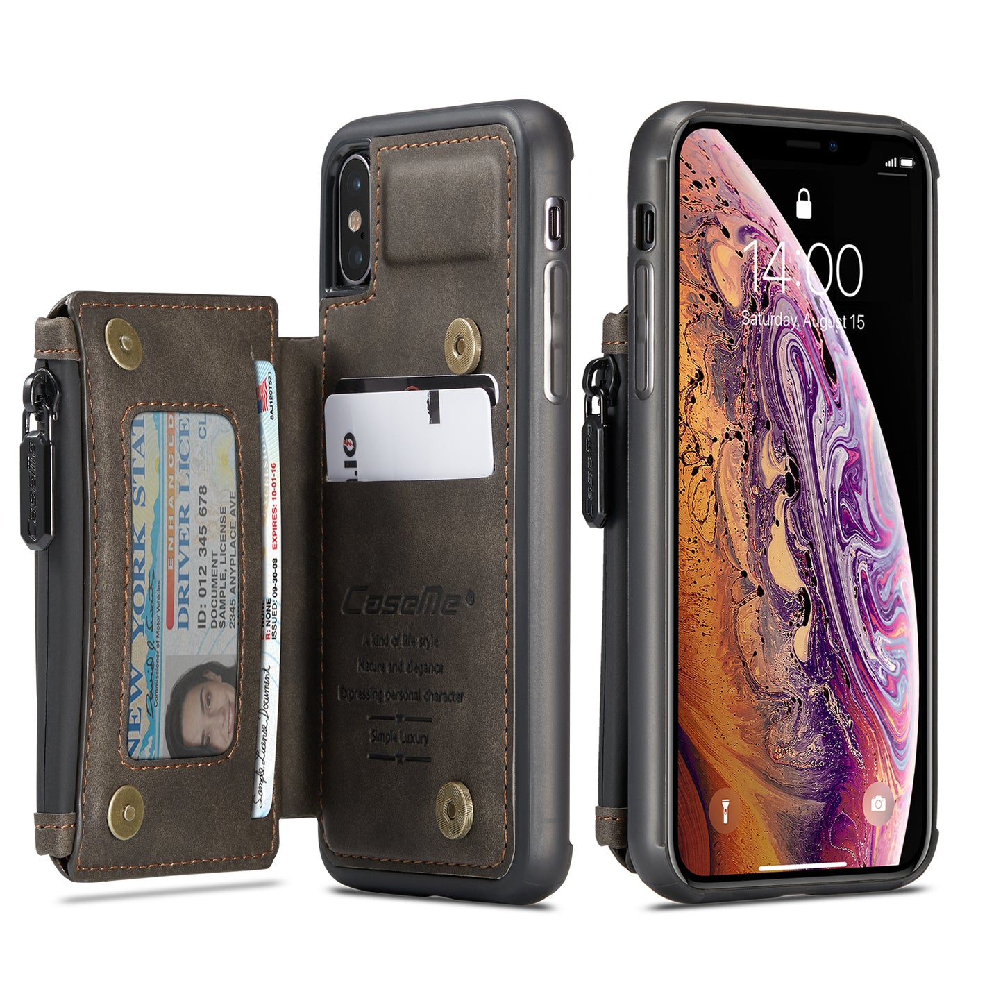 Wrist Strap Leather Card Holder Zipper Apple iPhone XR Case Back