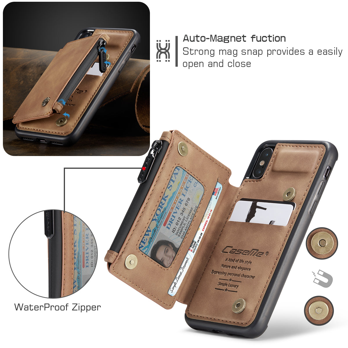 Wrist Strap Leather Card Holder Zipper Apple iPhone Xs Case Back