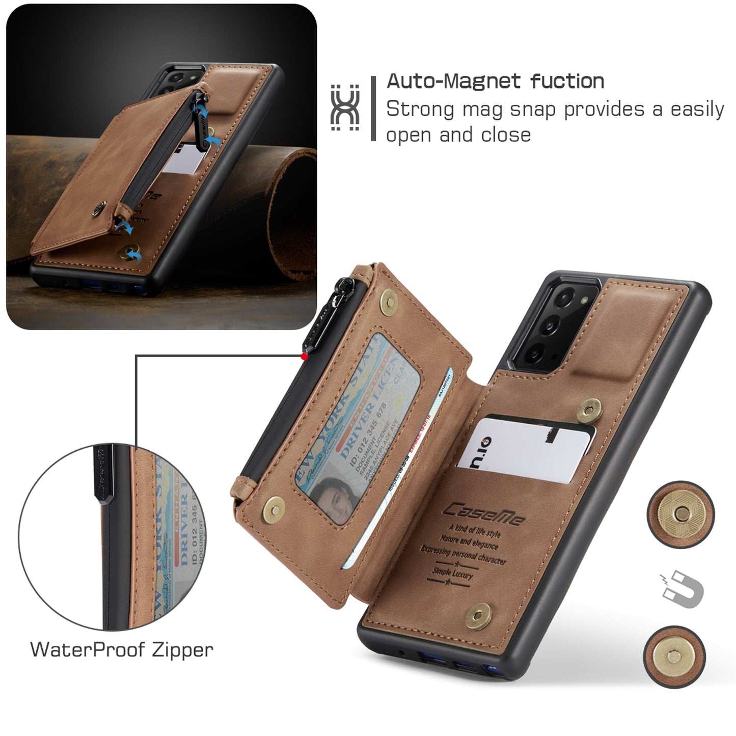 Wrist Strap Leather Card Holder Zipper Samsung Galaxy Note20 Case Back