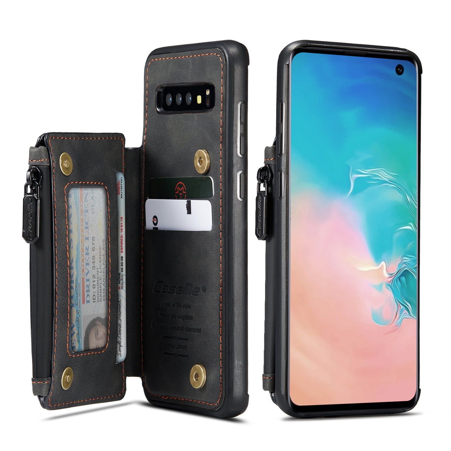 Wrist Strap Leather Card Holder Zipper Samsung Galaxy S10 Case Back