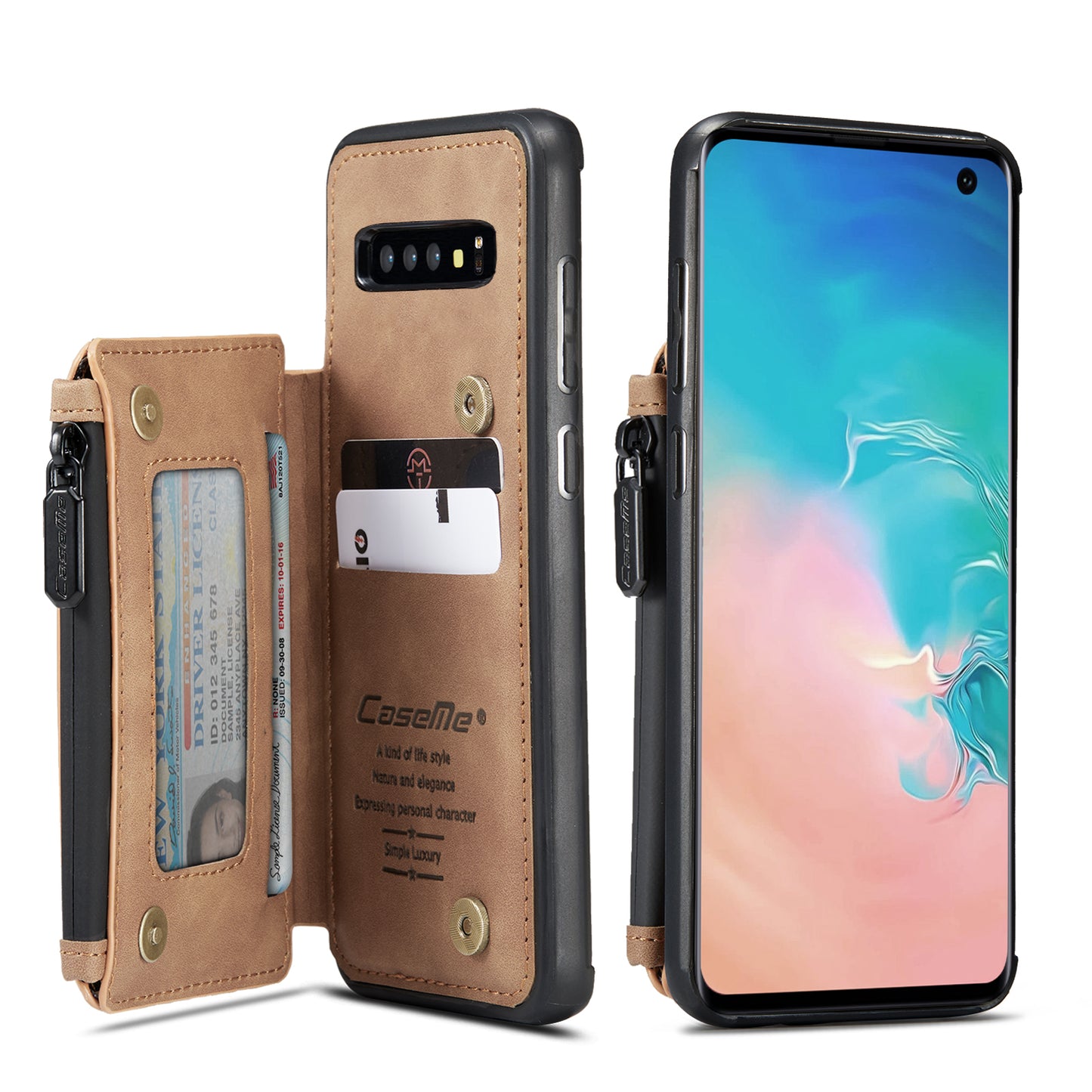 Wrist Strap Leather Card Holder Zipper Samsung Galaxy S10 Case Back