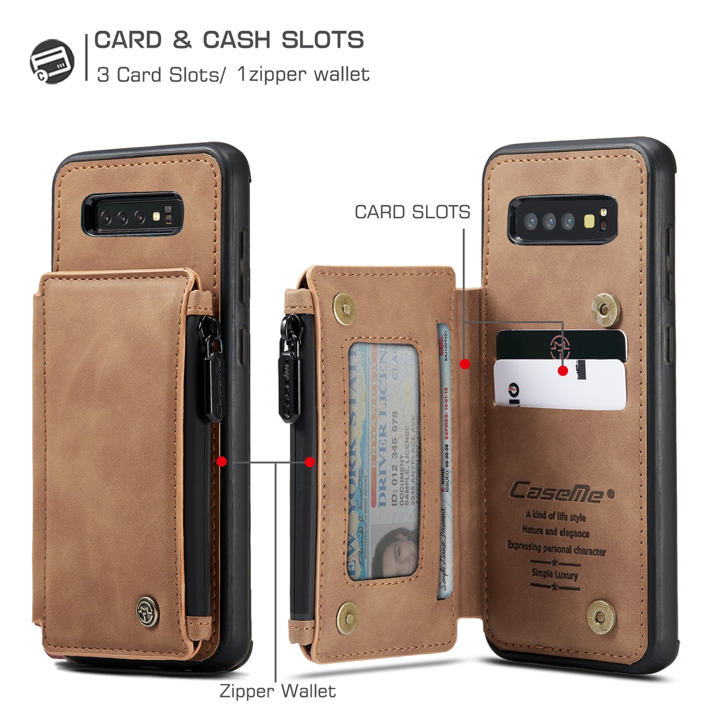 Wrist Strap Leather Card Holder Zipper Samsung Galaxy S10 Case Back