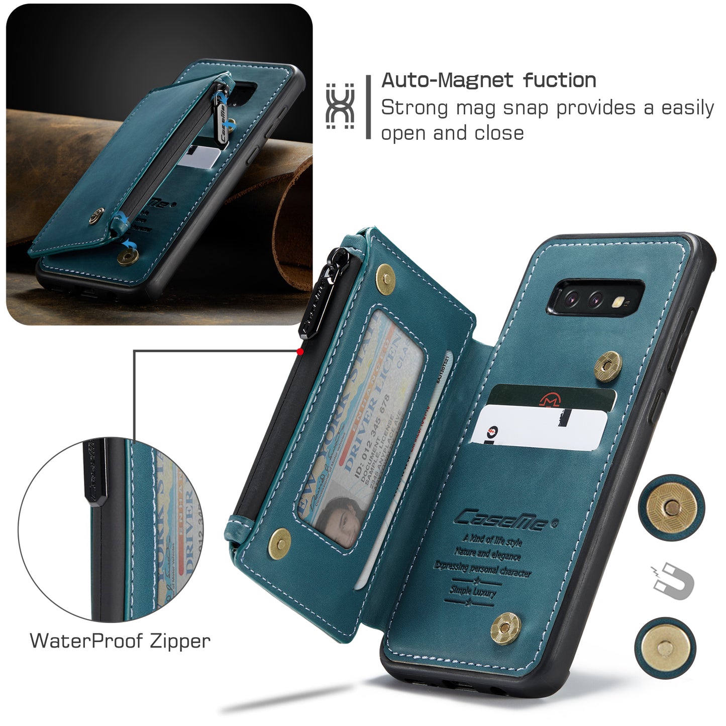 Wrist Strap Leather Card Holder Zipper Samsung Galaxy S10e Case Back