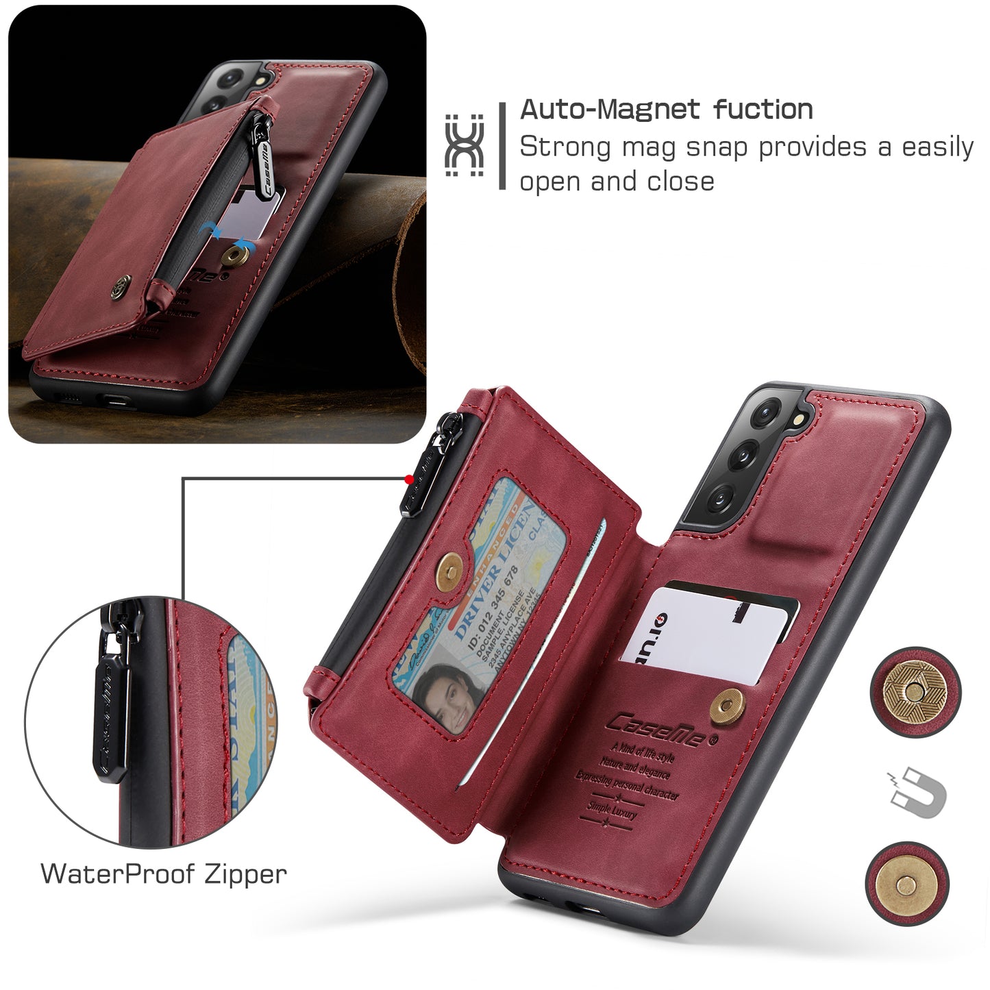 Wrist Strap Leather Card Holder Zipper Samsung Galaxy S22 Case Back