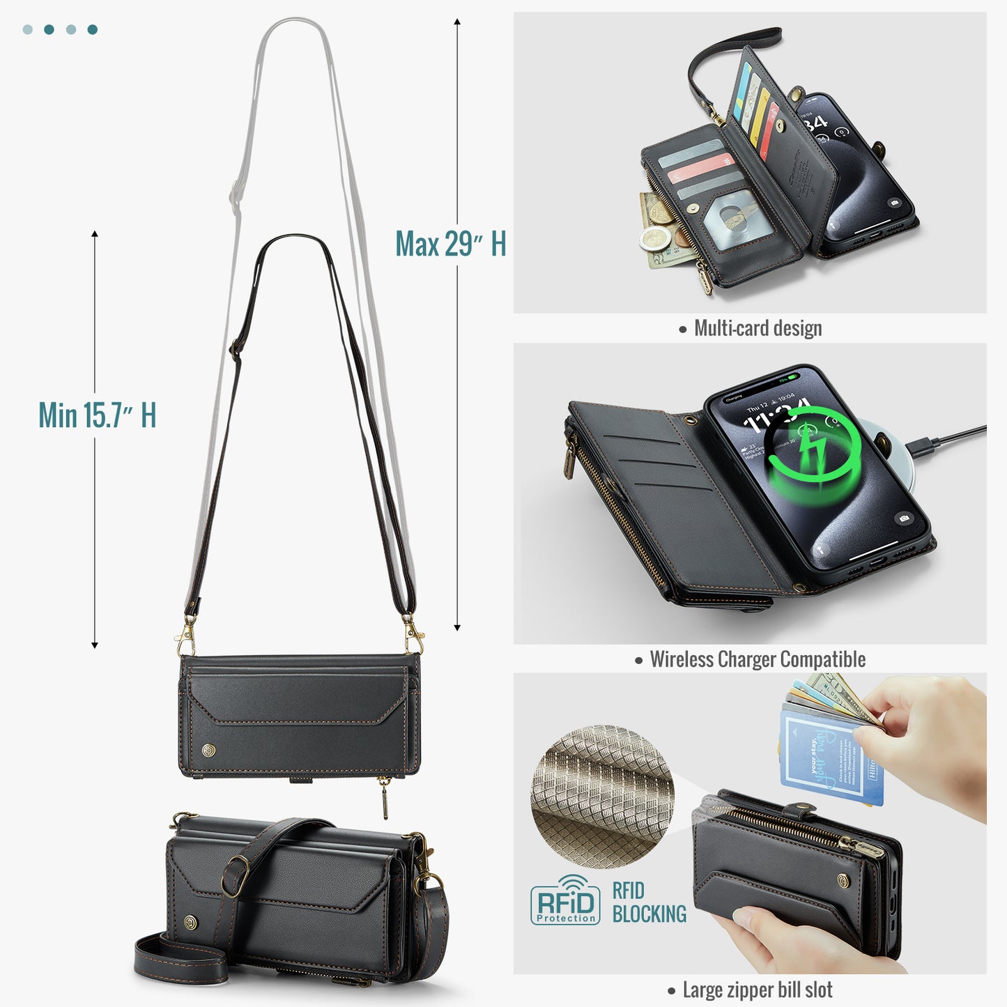 Women Shoulder Bag iPhone 15 Pro Max Case Card Slots Buckle Pockets