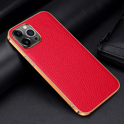 Electroplating Lychee Genuine Leather iPhone 13 Case