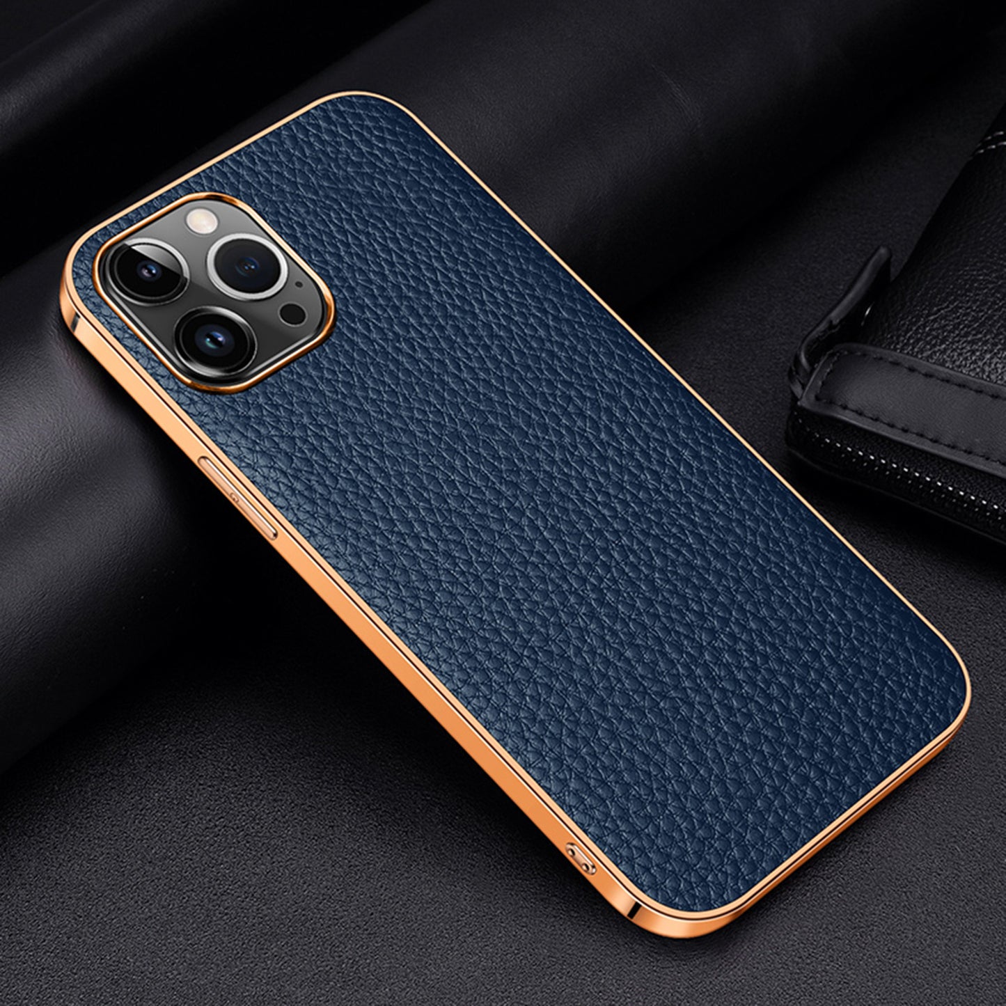 Electroplating Lychee Genuine Leather iPhone 14 Plus Case