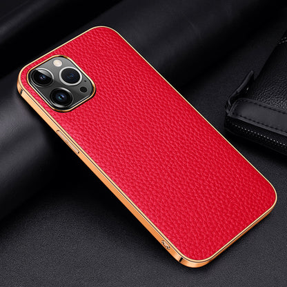 Electroplating Lychee Genuine Leather iPhone 14 Plus Case