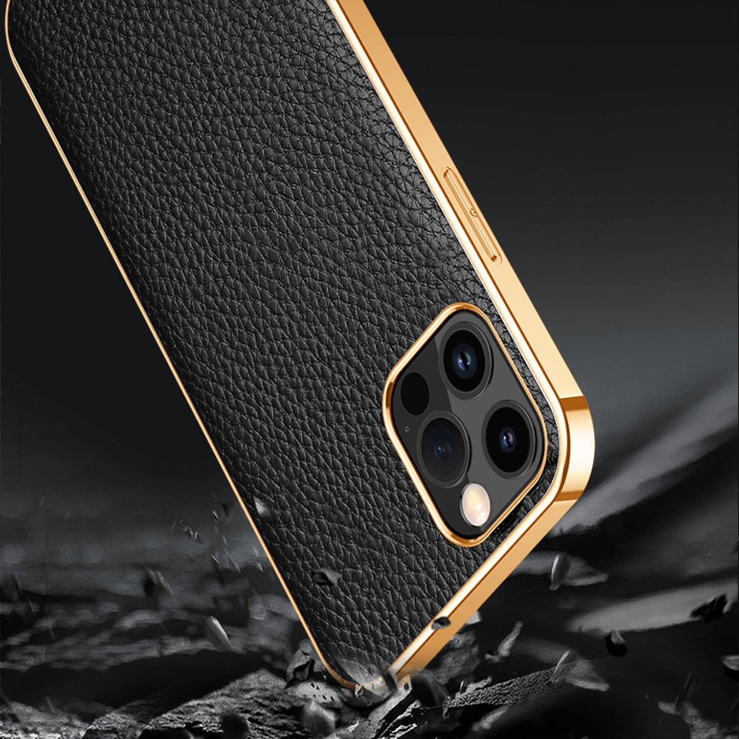 Electroplating Lychee Genuine Leather iPhone 14 Plus Case