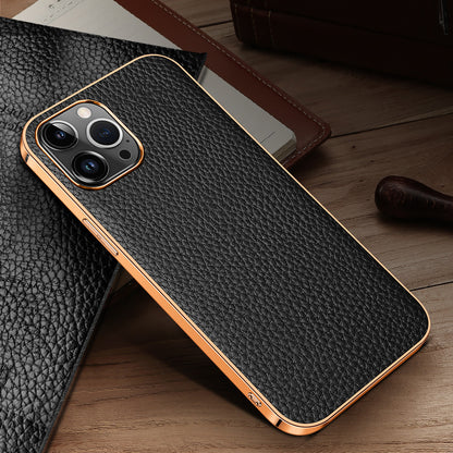 Electroplating Lychee Genuine Leather iPhone 14 Plus Case