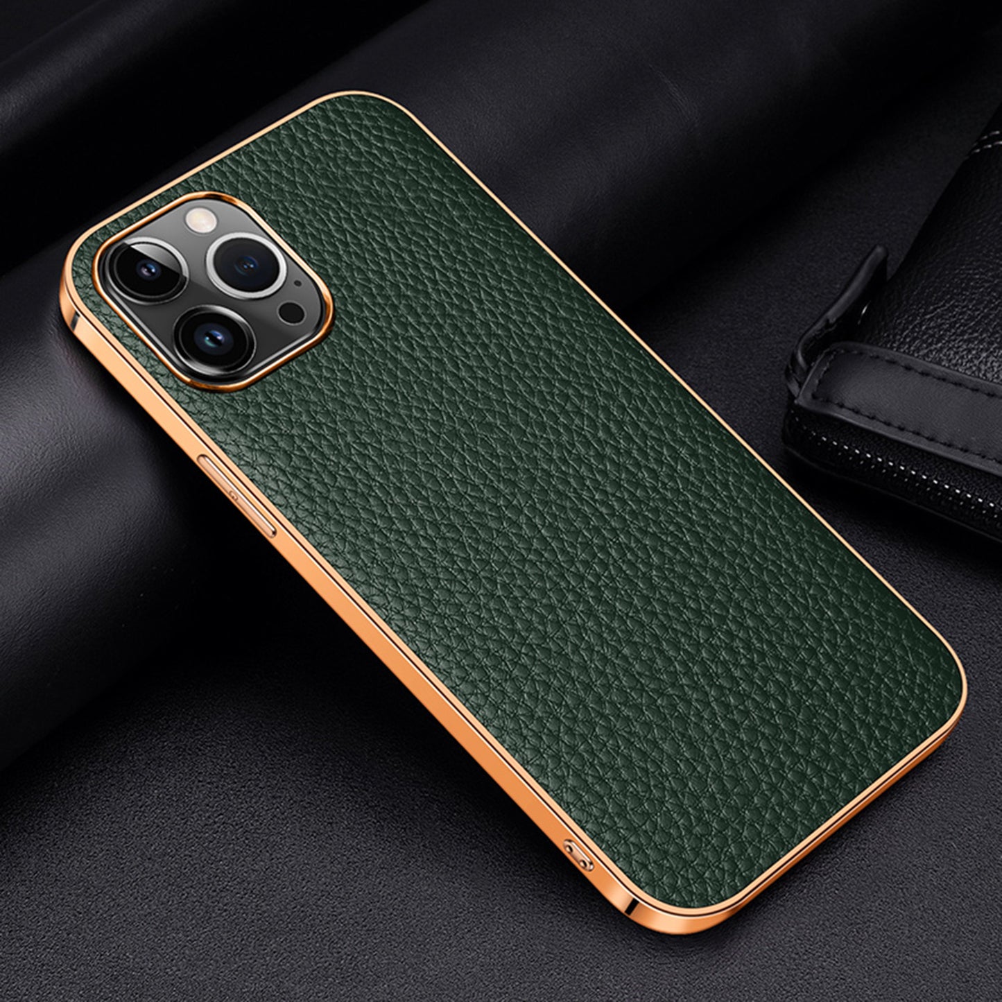 Electroplating Lychee Genuine Leather iPhone 15 Case