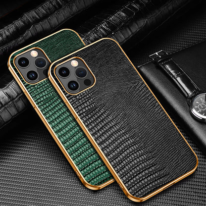 Electroplating Lizard Genuine Leather iPhone 14 Plus Case