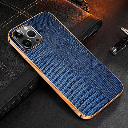 Electroplating Lizard Genuine Leather iPhone 14 Plus Case