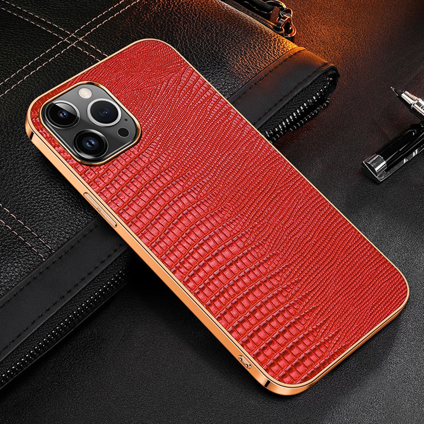 Electroplating Lizard Genuine Leather iPhone 15 Plus Case