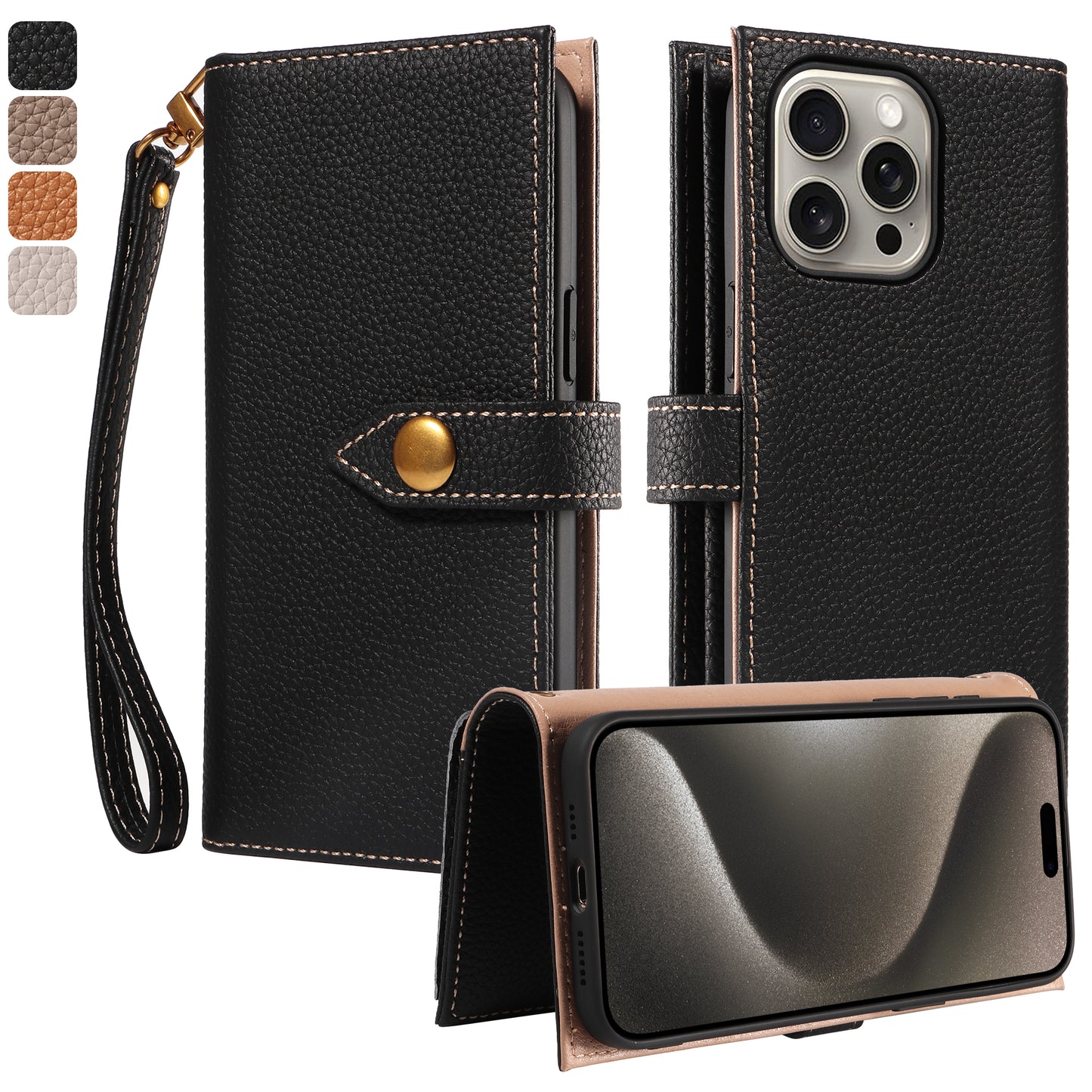 Women's Hand Strap Crow Leather iPhone 13 Case Wallet