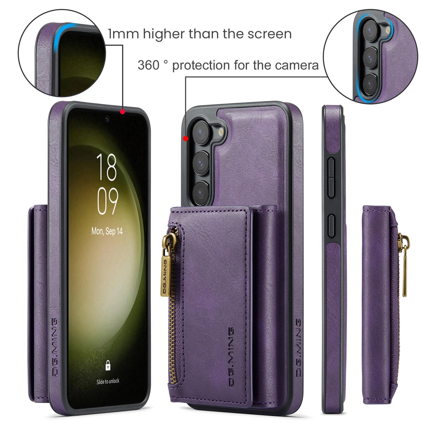 DG.MING Galaxy S23 Case with Magnetic Zipper Wallet Flip Stand