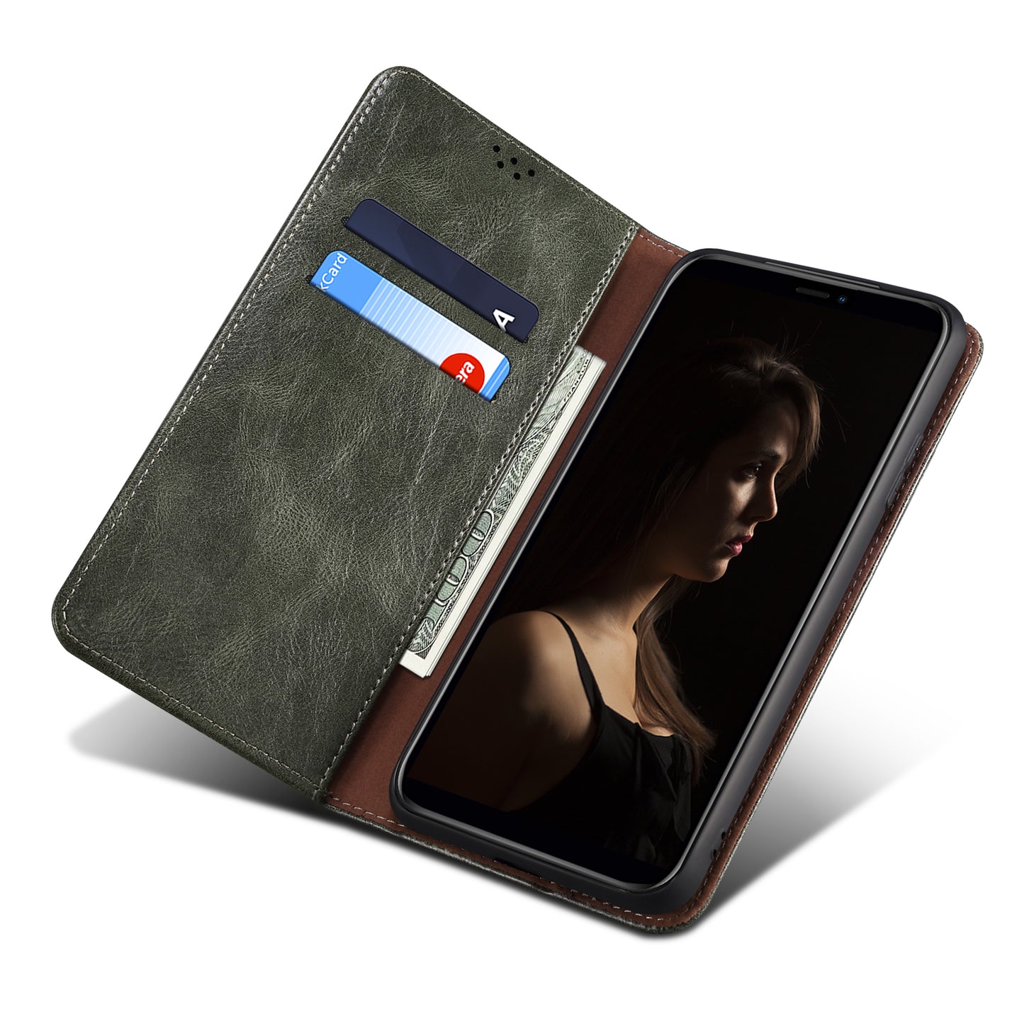 Oil Wax Leather Wallet Stand iPhone 14 Pro Max Case Magnetic Slim