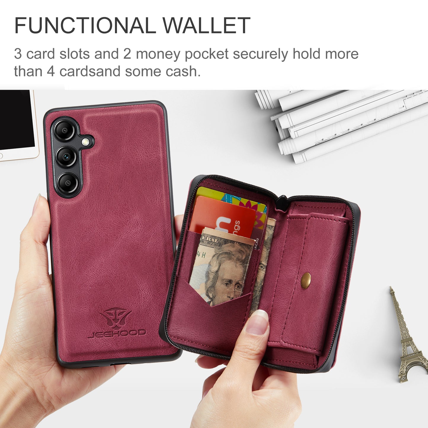 Magnetic Removable Zipper Wallet Galaxy A14 Case Leather Back