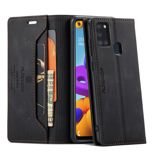 Luxury Retro Leather Galaxy A21s Case Magnetic Buckle RFID