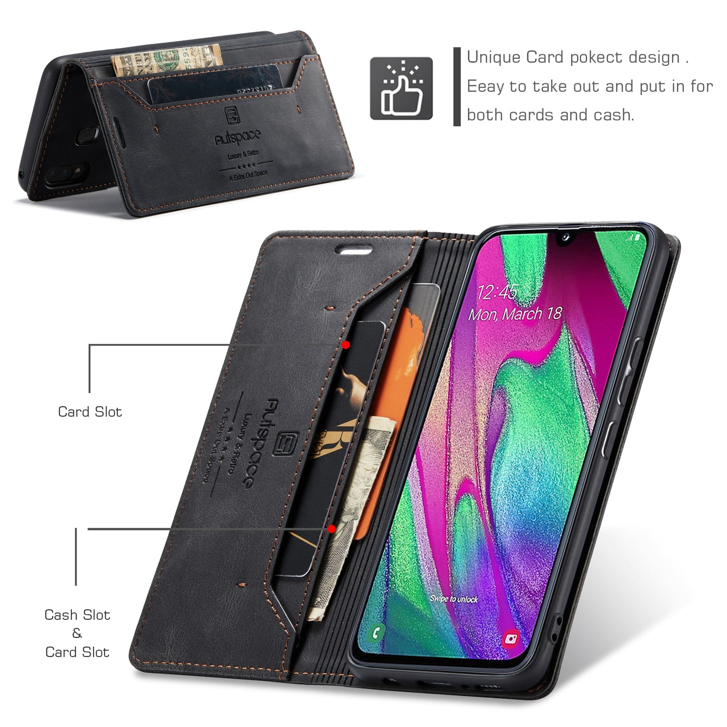 Luxury Retro Leather Galaxy A40s Case Magnetic Buckle RFID